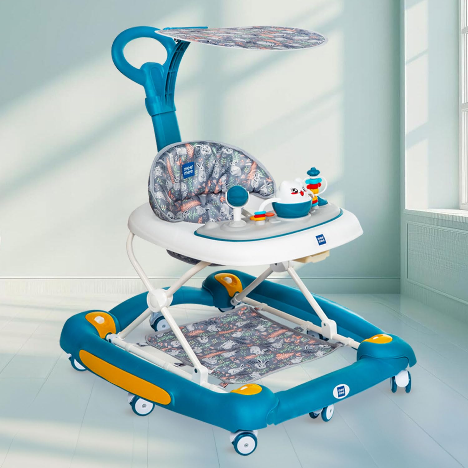 Blue and white baby walker with toys on a light blue floor